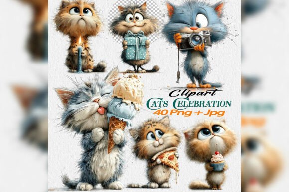 Birthday Cat Clipart PNG Party Bundle: Whimsical Design