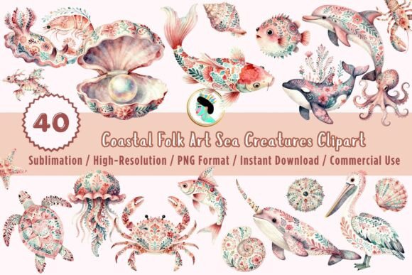 Pink Coastal Ocean PNG Clipart: Whimsical Marine Life for Modern Design