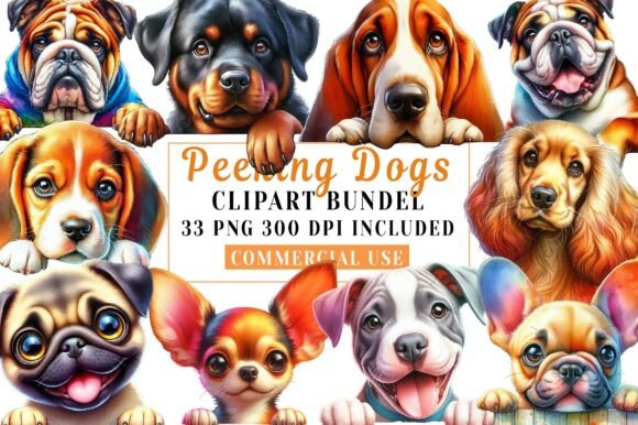 Watercolor Peeking Dogs Clipart: 33 Playful Designs for Your Projects